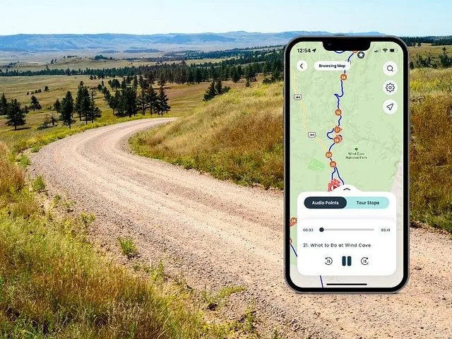 Ein kurvenreicher Feldweg in einer Graslandschaft mit dem Overlay einer Smartphone-App.