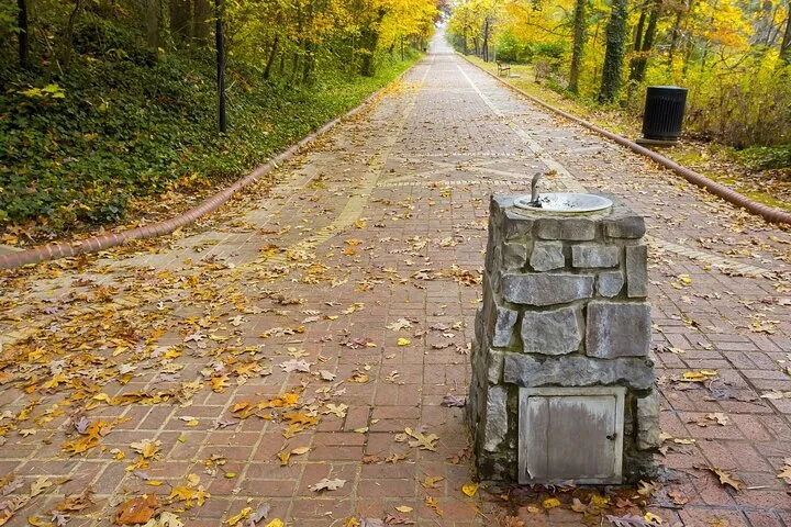Ein mit Herbstlaub bedeckter Ziegelweg führt an einem steinernen Trinkbrunnen vorbei.
