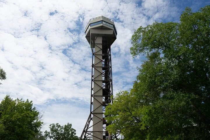 Une grande tour d'observation moderne se dresse contre un ciel nuageux entourée d'arbres.